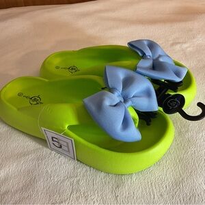 Women’s Lime Green Slide Sandals with Blue Bow Accent